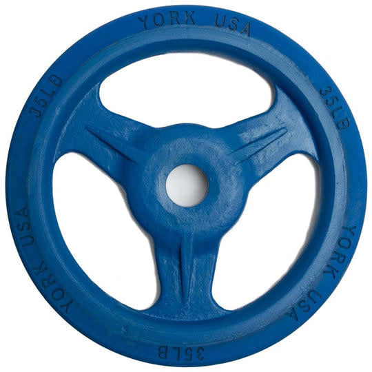 York 35lb Olympic Rubber/Bumper milled grip plate blue