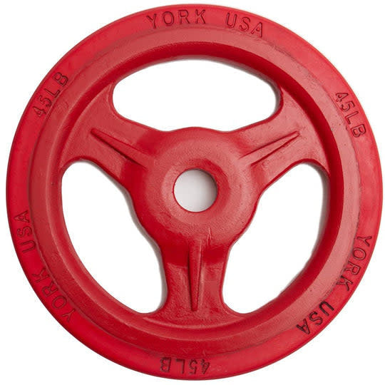 York 45lb Olympic Rubber/Bumper milled grip plate red